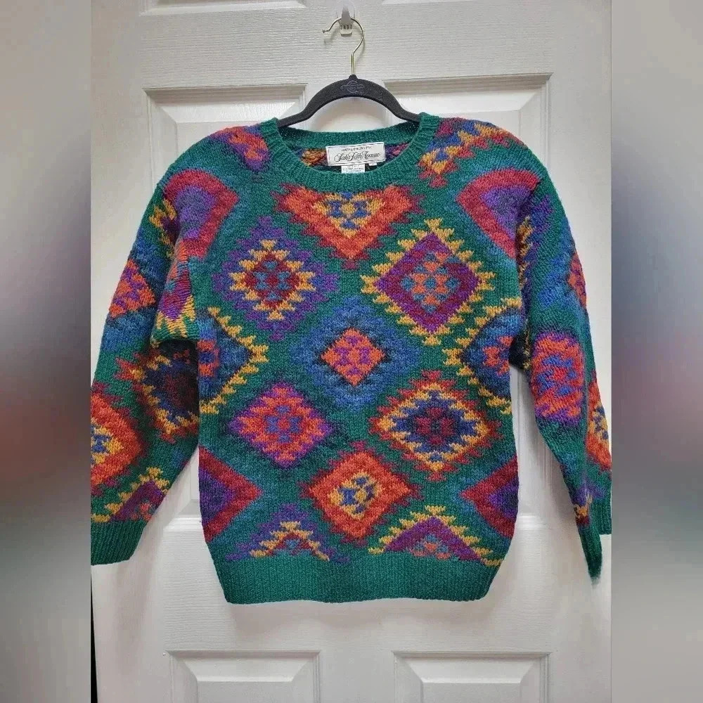 Saks Fifth Avenue 100% Wool Hand Knit Vintage Multicolor Sweater Size Small